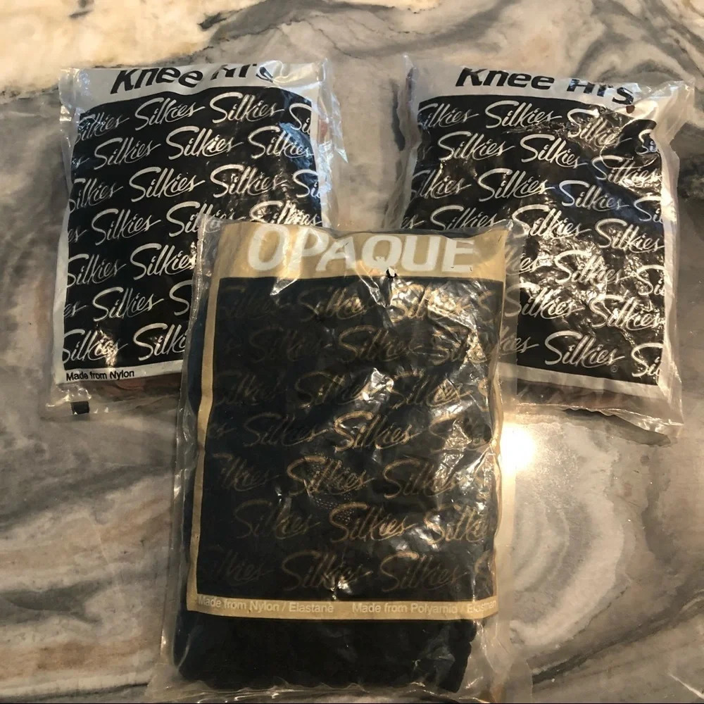 Vintage Unopened Silkies Queen Size Black Panty Hose and Two Packs Beige Knee Hi